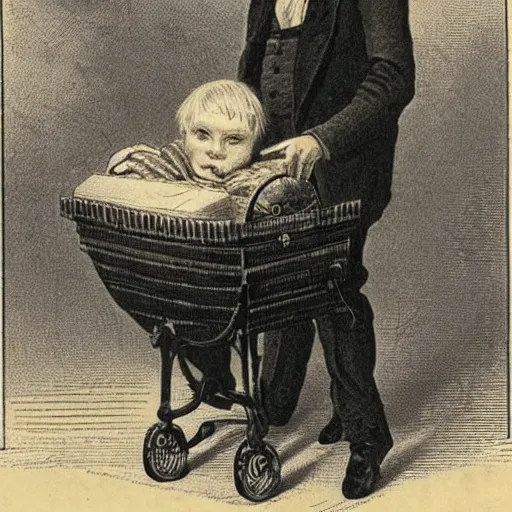 Image similar to victorian medical illustration of boris johnson as a baby in a pram