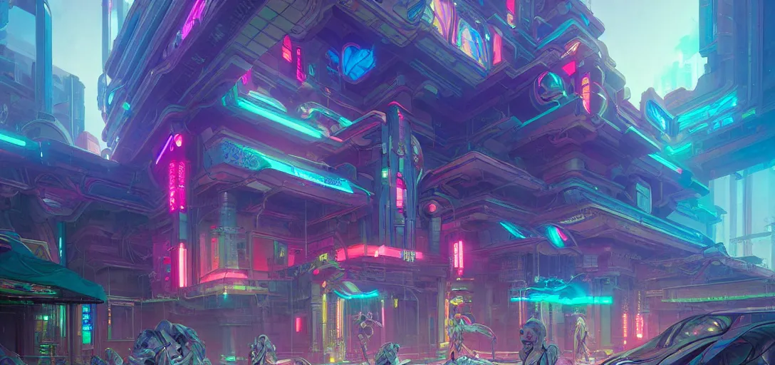 Image similar to street view of a cybernetic temple, vaporwave aesthetic, colorful, psychedelic, digital painting, artstation, concept art, smooth, sharp focus, illustration, art by artgerm and greg rutkowski and alphonse mucha