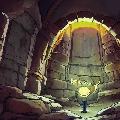 Prompt: a man holds a torch and explores a Dungeon, luminous, studio ghibli