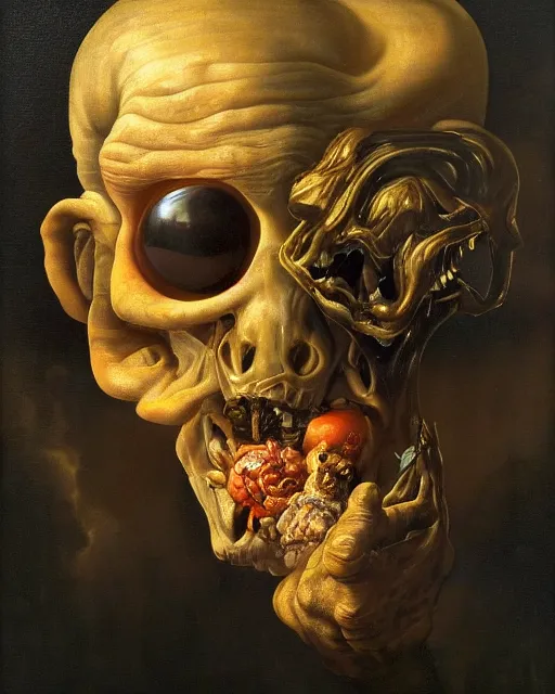 Image similar to refined gorgeous blended oil painting with black background by christian rex van minnen rachel ruysch dali todd schorr of a chiaroscuro portrait of an extremely bizarre disturbing old wrinkled man with shiny alien skin dutch golden age vanitas intense chiaroscuro cast shadows obscuring features dramatic lighting perfect composition masterpiece