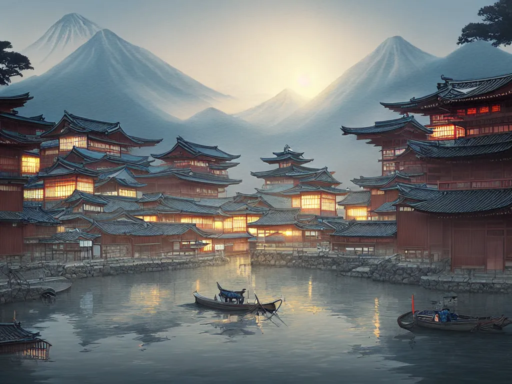 Image similar to old japanese town viewed from harbor, d & d digital painting, ultra realistic, beautiful, volumetric lighting, warm colors advance, cell shading, by james jean, greg rutkowski,