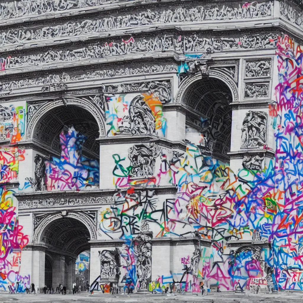 Image similar to photorealistic, arc de triomphe full of graffiti