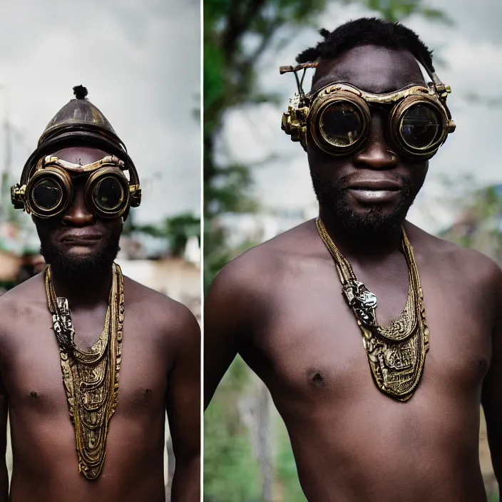 Prompt: an analogue portrait photo of a Traditional igbo man wearing futuristic mecha steam punk goggles, 35mm, f/1.4,