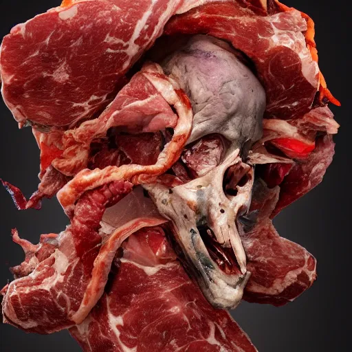 Prompt: an 8 k uhd digital photo of a zombie witch crumpled on the bathroom floor showing meat over a pile of meat and tendon