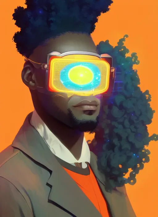 Image similar to afro - futurist scientist ( male, masculine ) in a lab studying holographic schematics + medium length shot | hyperrealistic digital painting by makoto shinkai, ilya kuvshinov, lois van baarle, rossdraws | afrofuturism, in the style of hearthstone, trending on artstation | orange palette and complimentary colors