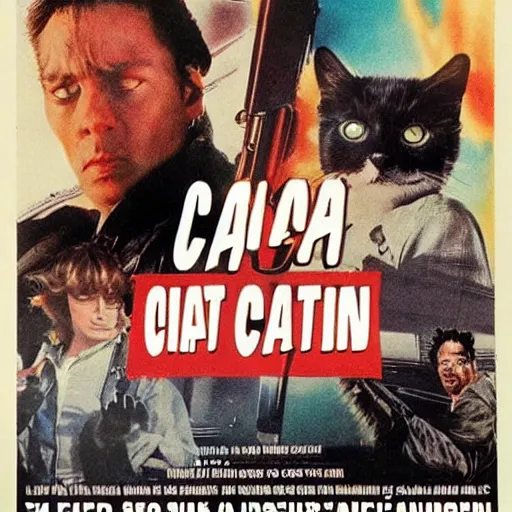 Prompt: poster for an 8 0 s action film where the main character is a cat