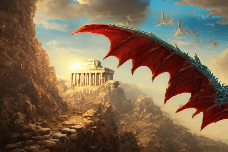 Image similar to highly detailed photorealistic picture of red dragons flying high above an ancient white roman temple perching on top of a mountain rising out of a sea of clouds in a blue sky, seen from above, in the style of marc simonetti, greg rutkowski, artstation, hd, 4 k, award winning digital art