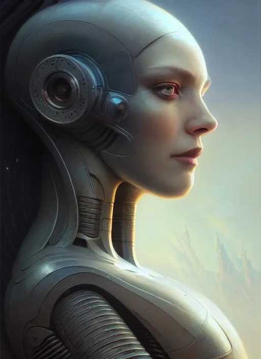 Image similar to closeup portrait shot of a female android in a scenic dystopian environment, intricate, elegant, highly detailed, centered, digital painting, artstation, concept art, smooth, sharp focus, illustration, artgerm, tomasz alen kopera, peter mohrbacher, donato giancola, joseph christian leyendecker, wlop, boris vallejo