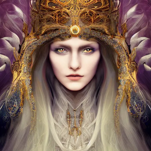 Image similar to highly detailed sharp photorealistic portrait of a beautiful lithuanian female priestess with shimmering hair, symmetrical face and eyes, dressed in intricate flowing silk, the silky cloth lined with golden glowing letters, cgsociety, Elden Ring, Dark Souls, Bloodborne H 640