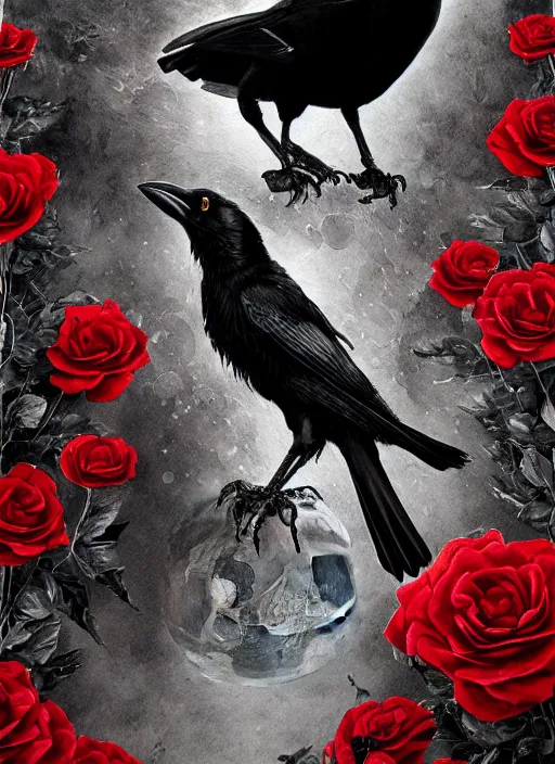 Image similar to portrait, A crow with red eyes in front of the full big moon, book cover, red roses, red white black colors, establishing shot, extremly high detail, foto realistic, cinematic lighting, pen and ink, intricate line drawings, by Yoshitaka Amano, Ruan Jia, Kentaro Miura, Artgerm, post processed, concept art, artstation, matte painting, style by eddie mendoza, raphael lacoste, alex ross