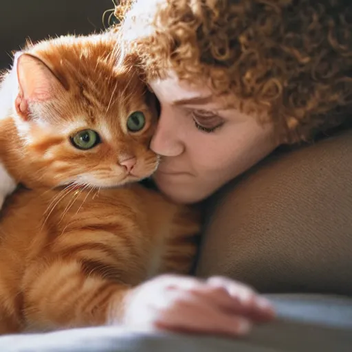 Image similar to an orange tabby kitten and a girl with curly blonde hair cuddling on a bed, photorealistic