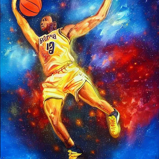 Image similar to An expressive oil painting of a basketball player dunking, depicted as an explosion of a nebula