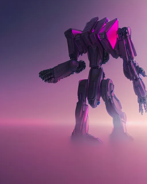 Prompt: hyperrealistic 3d render mecha iridescent pink cloudy landscape background concept art vray ute osterwald de chirico sharp cinematic very moody light 8k low angle shallow depth of field