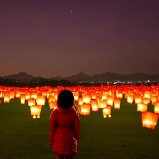 Prompt: a little girl watching hundreds of chinese sky lanterns in the night sky