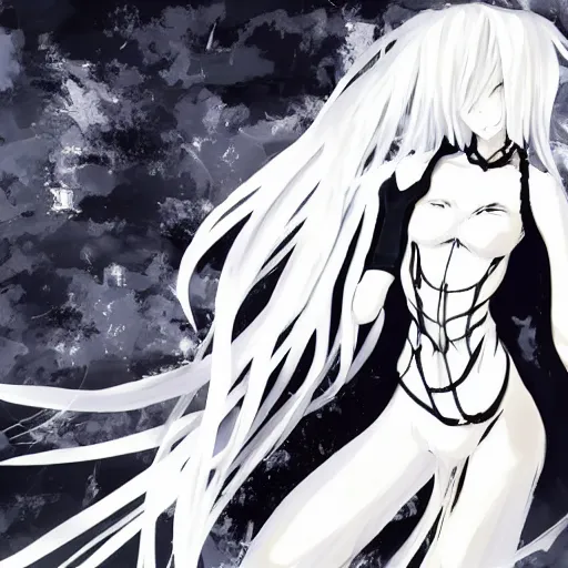 Prompt: Fullbody character design of an anime girl with white hair and black eyes wearing three piece suit in the style of Yoshitaka Amano and Final Fantasy drawn with broad brush strokes and with an abstract black and white background, film grain effect, expressive brush strokes