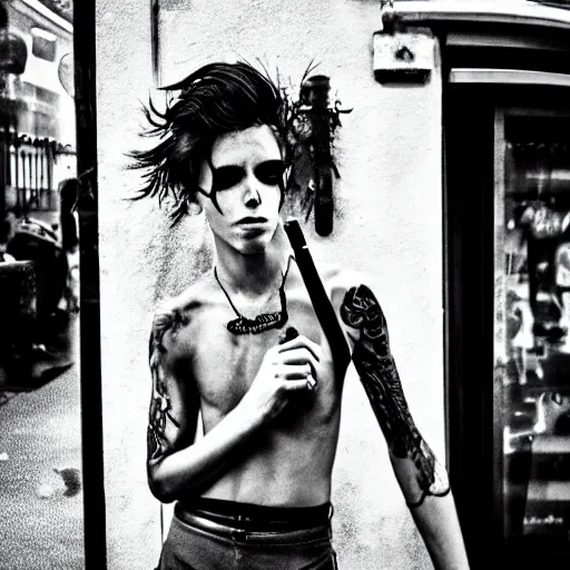 Image similar to androgynous punk smoking cigarette outside bar, photo iphone