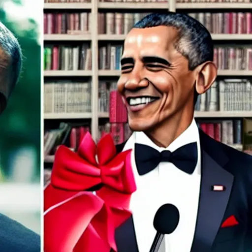 Image similar to realistic photo of casual barack obama with red hair wearing a black sweater and a green bow tie, still from riverdale