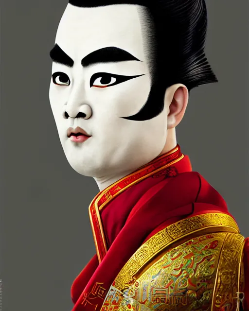 Prompt: photo of a Dramatic Peking Opera male character with arabic text calligraphy words painted on face in the style of stefan kostic, realistic, sharp focus, symmetric, 8k high definition, insanely detailed, intricate, elegant, art by stanley lau and artgerm, William-Adolphe Bouguereau