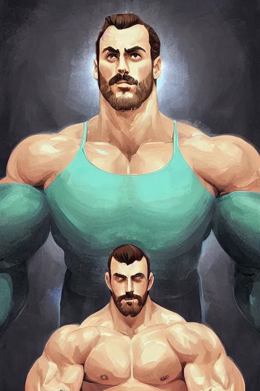 Image similar to gigachad luigi working out in a space gym by ilya kuvshinov, bodybuilder ernest khalimov, super mario bros symmetrical face concept art, hyper realistic, intricate, elegent, highly detailed, digital painting, concept art, smooth, sharp, focus, illustration, art by artgerm and greg rutkowski and alphonse mucha, artstation