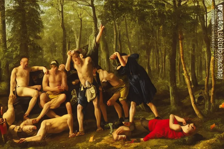 Image similar to mid - thirties guys binge drinking in a forest, in the style of skovgaard