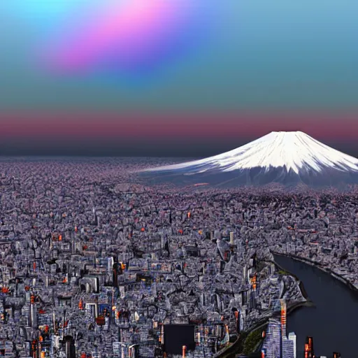 Prompt: landscape dramatic view of hell engulfing tokyo with mount fuji in background, realistic, 3 d art, dystopia