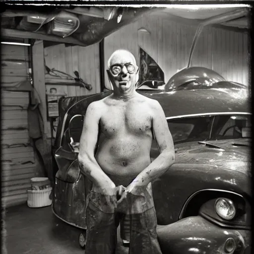 Image similar to mollusk man, posing in his garage, detailed photo