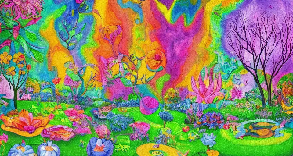 Image similar to bosch painting of a garden using lisa frank colors