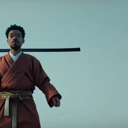 Image similar to cinematic film still of Chance The Rapper starring as a Samurai holding fire, Japanese CGI, VFX, 2022, 40mm lens, shallow depth of field, film photography