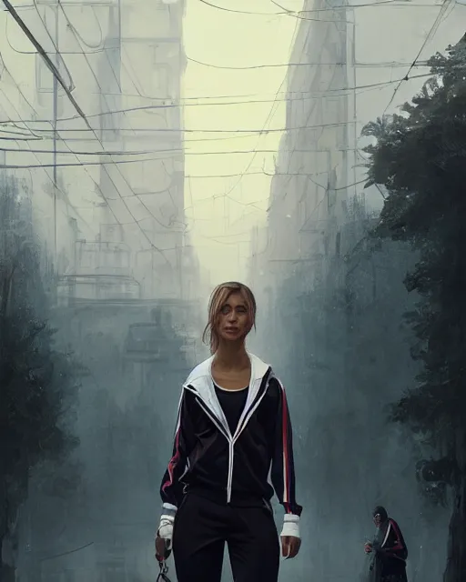 Image similar to portrait of attractive slav heroine wearing an addidas tracksuit. illuminated street lights, slav apartments in backround, by greg rutkowski and wlop, detailed, cinematic, 8 k, intricate, rule of thirds.