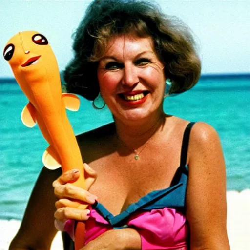 Image similar to 1981 woman on tv show wearing a happy squishy inflatable prosthetic mask, soft color wearing a swimsuit at the beach 1981 color film 16mm holding a an inflatable fish Fellini John Waters Russ Meyer Doris Wishman old photo