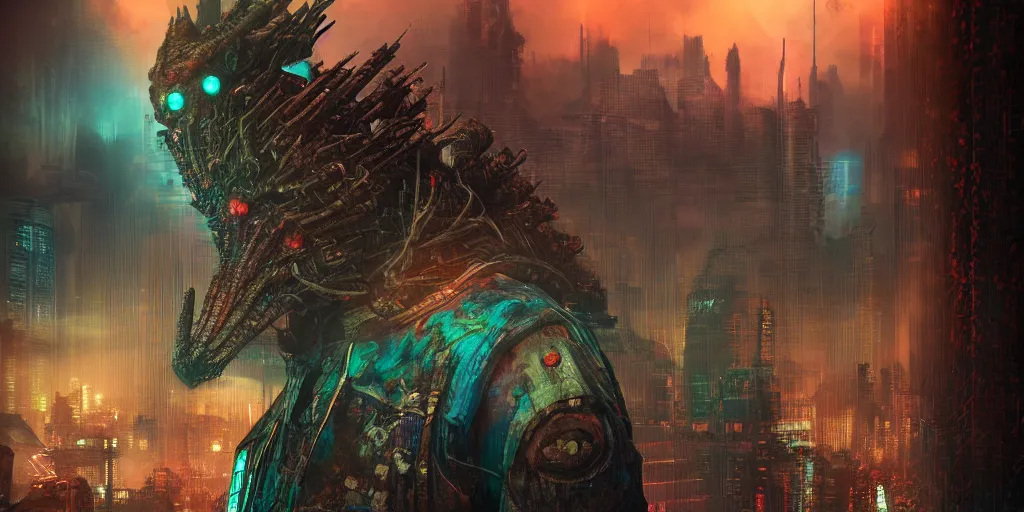 Image similar to a cyberpunk chtulhu creature closeup, fallout 5, studio lighting, deep colors, apocalyptic setting, vertically mirrored city in background