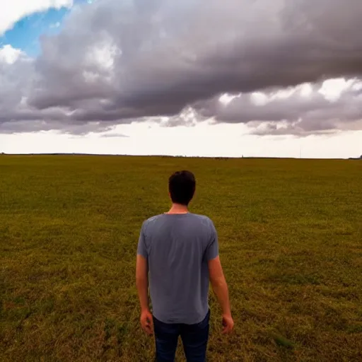 Image similar to a man standing in a open field with a rift in the sky, wide angle shot, hd, intricate detail