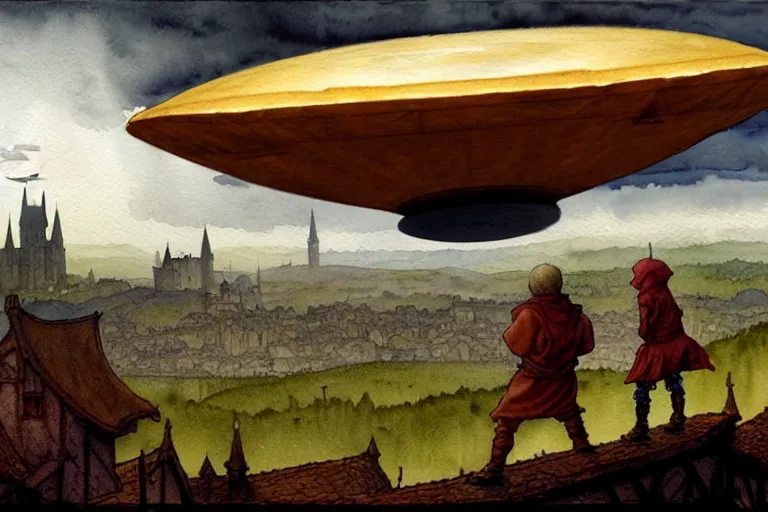 Image similar to a hyperrealist watercolor concept art of a huge ufo in the sky above a medieval city during a thunderstorm. a dirty medieval peasant child is in the foreground. very muted colors, by rebecca guay, michael kaluta, charles vess. high detail, hq, wide shot, 4 k