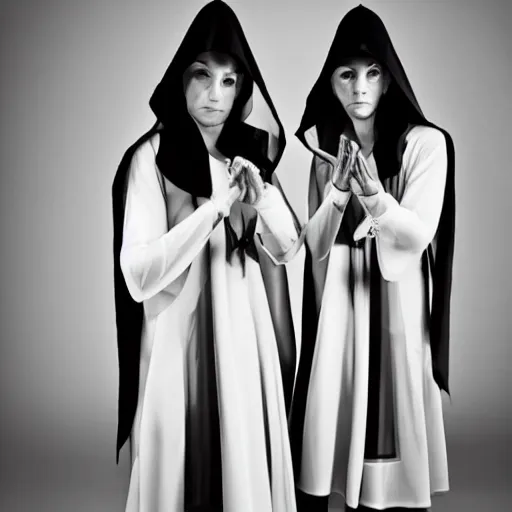 Image similar to photo of wearing pointed hats, translucent dresses, two freaky levitating twin nuns