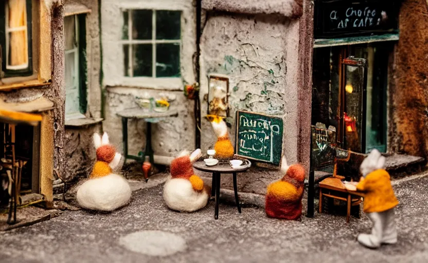 Image similar to miniature cafe diorama macro photography, cafe with felted bunnies, alleyway, ambient, atmospheric, british, cozy, bokeh, romantic