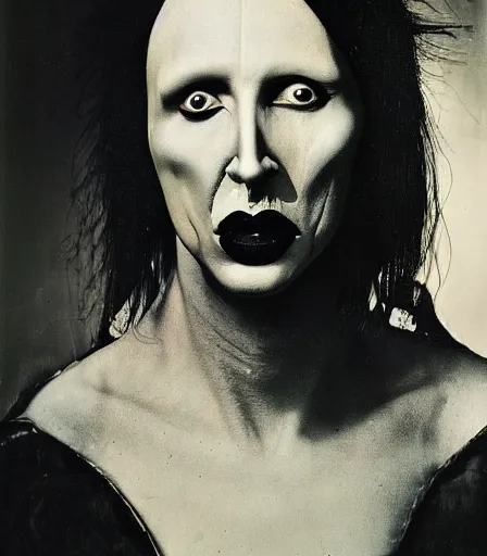 Image similar to portrait of marilyn manson by joel peter witkin and hieronymus bosch, high quality, high detail