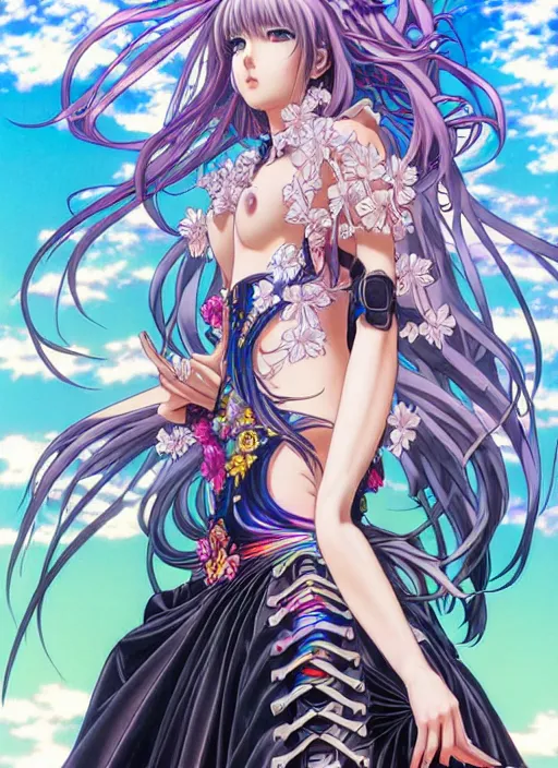 Image similar to highly detailed artstation anime poster of girl mechine, long hair, armor, dress, laces, ruffles, 8 k, rainbow gradient bloom, maximalist, takeshi obata, artgerm, hajime sorayama, alphonse mucha