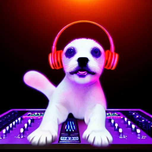 Image similar to puppy as a DJ, 8k, volumetric lighting, hyper realistic