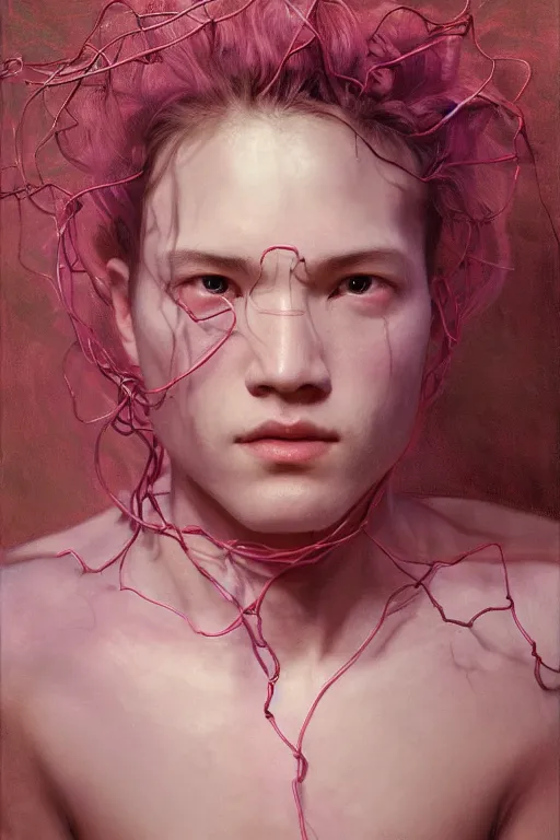 Image similar to hyperrealist portrait of elijah zu bailey, pink, it is decorated with long wires that fall like vines and wears small computers over their body. by jeremy mann and alphonse mucha, fantasy art, photo realistic, dynamic lighting, artstation, poster, volumetric lighting, very detailed faces, 4 k, award winning