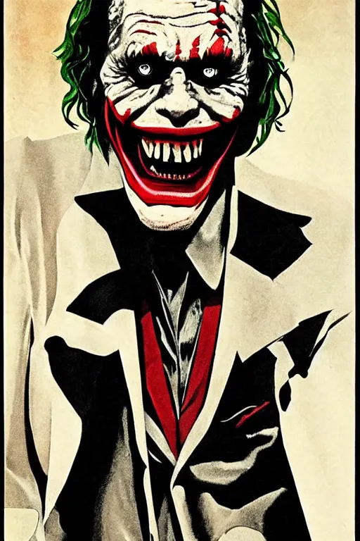 Image similar to Willem Dafoe as the Joker on a 1970s horror movie poster , vintage 70s print, scary, horrifying, terror