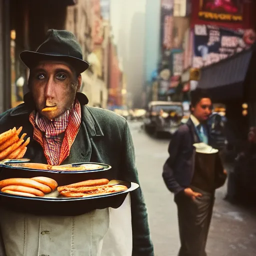 Image similar to closeup portrait of a snake oil salesman selling hotdogs in a smoky new york back street, by Annie Leibovitz and Steve McCurry, natural light, detailed face, CANON Eos C300, ƒ1.8, 35mm, 8K, medium-format print