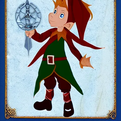 Image similar to a fantasy elf that is a wizard, holding a spell book and a dagger, with red hair, blue eyes, and is tall