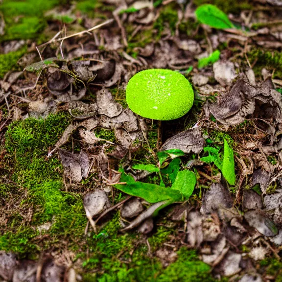 Prompt: a single mushroom, moss and leaves on the floor, depth of field, f / 2. 8, photography