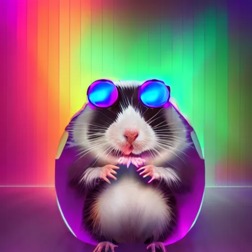 Image similar to cyberpunk hamster! holding rainbow! gem! crystal, neon lights, light reflection, 8 k, hd