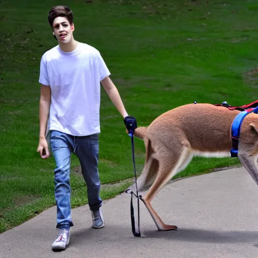 Image similar to Pete Davidson walking a kangaroo, 4k, photorealistic,