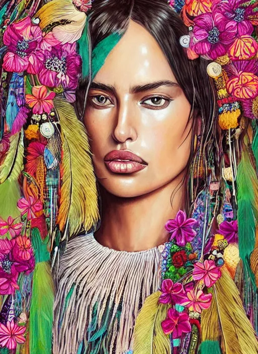 Image similar to beautiful portrait of Irina Shayk wearing dramatic Hand-dyed cotton dress,embellished beaded feather decorative fringe knots ,colorful pigtail,subtropical flowers and plants,symmetrical face,intricate,elegant,highly detailed,8k,digital painting,trending on pinterest,harper's bazaar,concept art, sharp focus, illustration,golden ratio,by artgerm,Tom Bagshaw,Lawrence Alma-Tadema,greg rutkowski