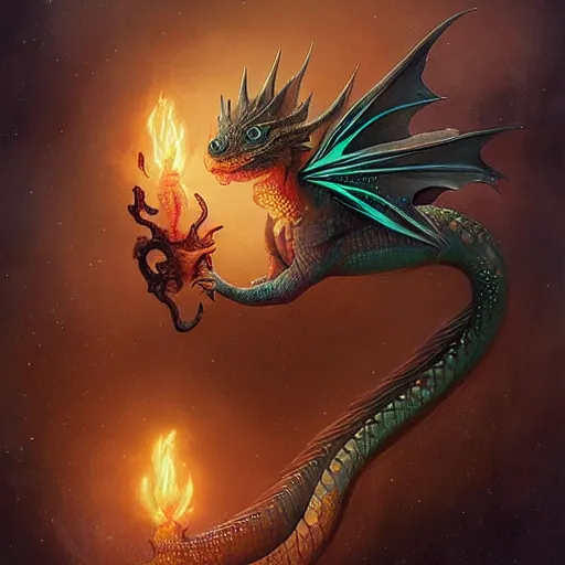 Prompt: a hyperrealistic illustration of a cute and tiny dragon that glows in the dark, dragon baby, glow in the dark, fractal moonlight, little dragon with glowing scales, award - winning, masterpiece, in the style of tom bagshaw, cedric peyravernay, peter mohrbacher