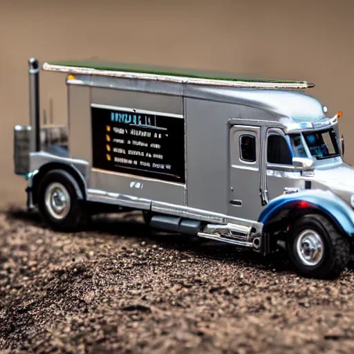 Prompt: macro photo of a miniature ho scale tesla cybertruck, taken with canon 8 0 d, canon 1 0 0 mm f / 2. 8