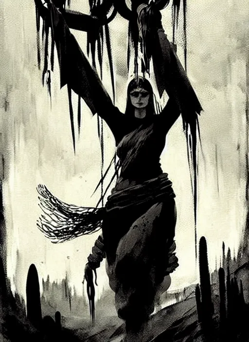 Image similar to marana slavic goddess with six arms in traditional slavic clothes : by anato finnstark kvlt by peder balke by peder balke by greg rutkowski, by guido crepax by norman bluhm mystic high contrast monochromatic noir