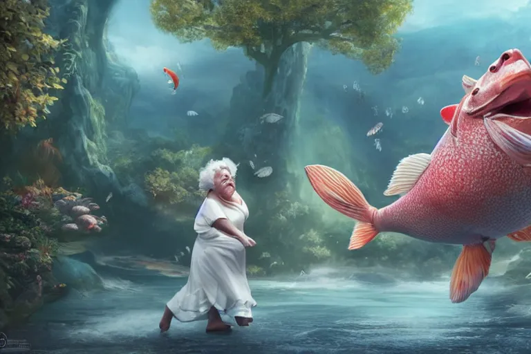 Image similar to of a very beautiful scene. ambient occlusion render. a sweet fat old woman is dancing with a huge colorful fish. hyper realistic. 4 k. wide angle. romantic mood. symmetrical face, red mouth, blue eyes. deep focus, lovely scene. ambient occlusion render. concept art. artstation. unreal engine.